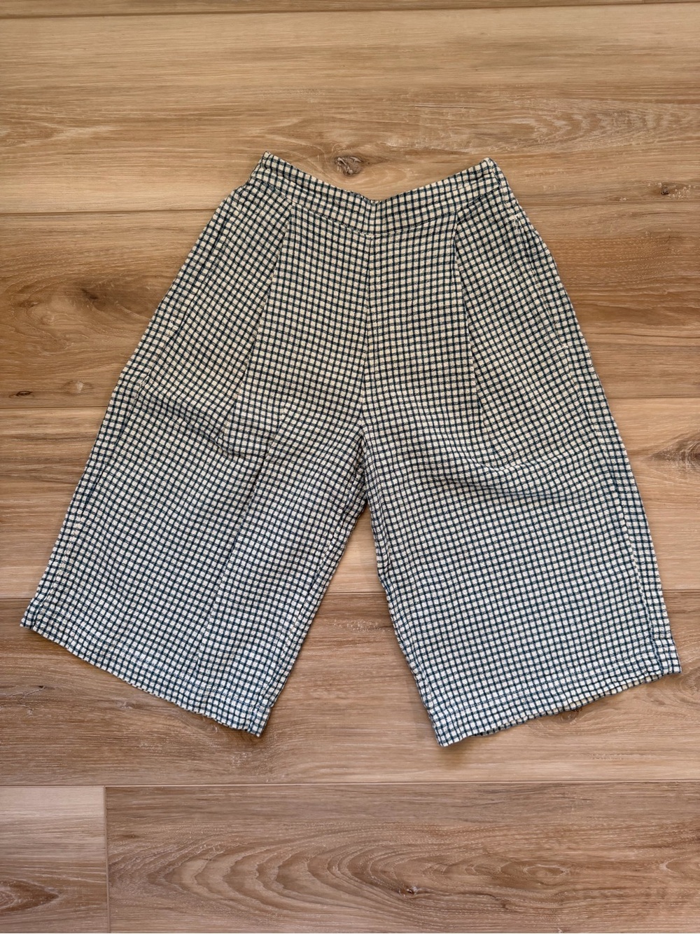 High-Waist Wide Leg Gingham Crop Pants - Teal & White
